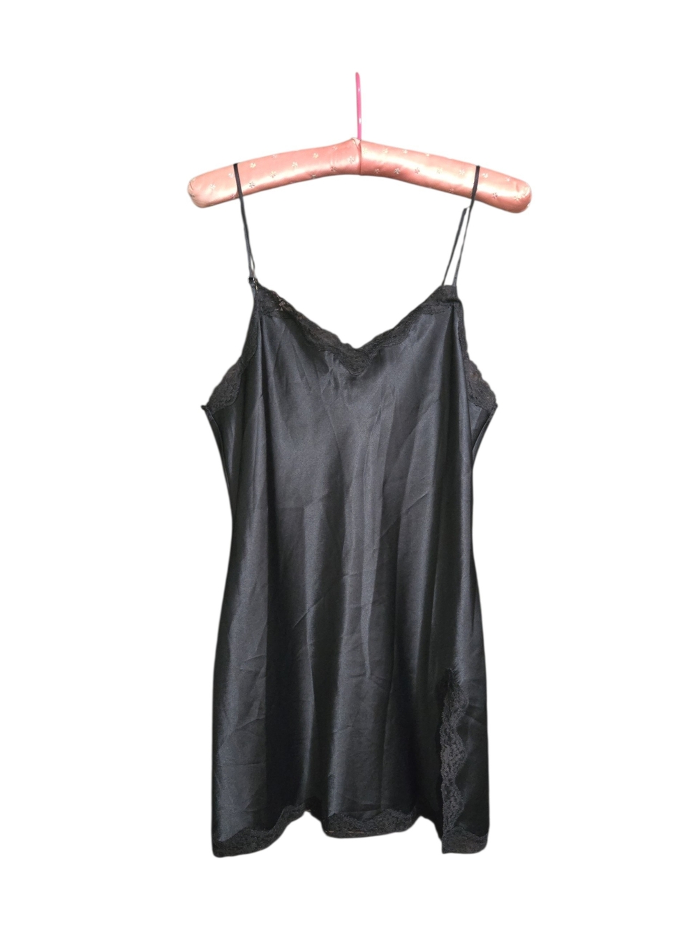 Y2K Vintage Victoria's Secret Black Satin Slip Lace Trim Lingerie Size Medium